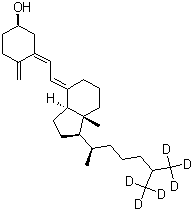 CAS # 118584-54-6, Vitamin D3-d<sub>6</sub>, Vitamin D3-26,26,26,27,27,27-d<sub>6</sub>, (1S,3Z)-4-methylene-3-[(2E)-2-[(1R,3aS,7aR)-octahydro-7a-methyl-1-[(1R)-1-methyl-5-(methyl-d<sub>3</sub>)hexyl-6,6,6-d<sub>3</sub>]-4H-inden-4-ylidene]ethylidene]cyclohexanol, Cholecalciferol-d<sub>6</sub>