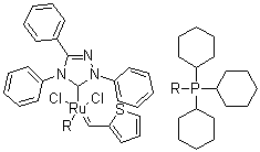 structure of CAS# 1190427-51-0, Tricyclohexylphosphine[2,4-dihydro-2,4,5-triphenyl-3H-1,2,4-triazol-3-ylidene][2-thienylmethylene]ruthenium(II) dichloride