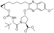 CAS # 1206524-84-6, (1aR,5S,8S,10R,22aR)-5-(1,1-Dimethylethyl)-1,1a,3,4,5,6,9,10,18,19,20,21,22,22a-tetradecahydro-14-methoxy-3,6-dioxo-8H-7,10-methanocyclopropa[18,19][1,10,3,6]dioxadiazacyclononadecino[11,12-b]quinoxaline-8-carboxylic acid methyl ester