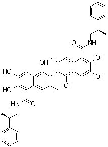 CAS # 1228108-65-3, Sabutoclax, (1R)-1,1',6,6',7,7'-Hexahydroxy-3,3'-dimethyl-N5,N5'-bis[(2R)-2-phenylpropyl]-[2,2'-binaphthalene]-5,5'-dicarboxamide