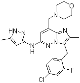 CAS # 1229236-86-5, LY 2784544, 3-[(4-Chloro-2-fluorophenyl)methyl]-2-methyl-N-(5-methyl-1H-pyrazol-3-yl)-8-(4-morpholinylmethyl)imidazo[1,2-b]pyridazin-6-amine