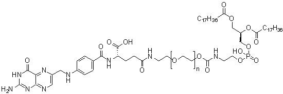 CAS 登录号：1236288-25-7, alpha-[(9R)-6-羟基-6-氧代-1,12-二氧代-9-[(1-氧代十八烷基)氧基]-5,7,11-三氧杂-2-氮杂-6-磷杂二十九烷-1-基]-omega-[2-[[(4S)-4-[[4-[[(2-氨基-3,4-二氢-4-氧代-6-蝶啶基)甲基]氨基]苯甲酰基]氨基]-4-羧基-1-氧代丁基]氨基]乙氧基]聚氧乙烯二铵盐