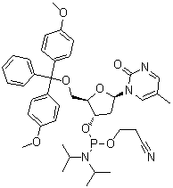structure of CAS# 125258-62-0, 1-[5-O-[二(4-甲氧基苯基)苯基甲基]-3-O-[[二(1-甲基乙基)氨基](2-氰基乙氧基)膦基]-2-脱氧-beta-D-赤式-呋喃戊糖基]-5-甲基-2(1H)-嘧啶酮