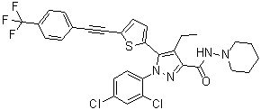 CAS 登录号：1253641-65-4, 1-(2,4-二氯苯基)-4-乙基-N-1-哌啶基-5-[5-[2-[4-(三氟甲基)苯基]乙炔基]-2-噻吩基]-1H-吡唑-3-甲酰胺