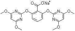CAS # 125401-92-5, Bispyribac-sodium, Sodium 2,6-bis[(4,6-dimethoxypyrimidin-2-yl)oxy]benzoate, 2,6-Bis((4,6-dimethoxy-2-pyrimidinyl)oxy)-benzoic acid sodium salt