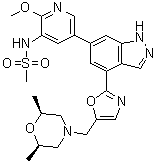 structure of CAS# 1254036-66-2, rel-N-[5-[4-[5-[[(2R,6S)-2,6-二甲基-4-吗啉基]甲基]-2-恶唑基]-1H-吲唑-6-基]-2-甲氧基-3-吡啶基]甲烷磺酰胺