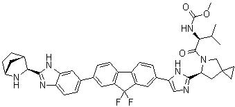 CAS # 1256388-76-7, N-[(1S)-1-[[(6S)-6-[5-[7-[2-(1R,3S,4S)-2-Azabicyclo[2.2.1]hept-3-yl-1H-benzimidazol-6-yl]-9,9-difluoro-9H-fluoren-2-yl]-1H-imidazol-2-yl]-5-azaspiro[2.4]hept-5-yl]carbonyl]-2-methylpropyl]carbamic acid methyl ester
