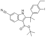 CAS # 1256584-75-4, 6-Cyano-2-[1-(4-ethyl-3-iodophenyl)-1-methylethyl]-1H-indole-3-carboxylic acid 1,1-dimethylethyl ester, tert-butyl 6-cyano-2-[2-(4-ethyl-3-iodophenyl)propan-2-yl]-1H-indole-3-carboxylate