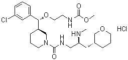 CAS # 1264191-73-2, VTP-27999 Hydrochloride, N-[2-[(R)-(3-Chlorophenyl)[(3R)-1-[[[(2S)-2-(methylamino)-3-[(3R)-tetrahydro-2H-pyran-3-yl]propyl]amino]carbonyl]-3-piperidinyl]methoxy]ethyl]carbamic acid methyl ester hydrochloride (1:1)