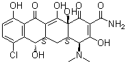 CAS # 127-33-3, Demeclocycline, Demeclor, Demethylchlorotetracycline, Demethylchlortetracyclin, Demethylchlortetracycline, Demetraclin, Diuciclin, Elkamicina, Ledermycin, Mexocine, Novotriclina, Perciclina, Periciclina, RP 10192, Sumaclina, Tri-demethylchlortetracycline