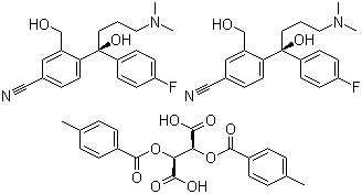 structure of CAS# 128173-53-5, (-)-4-(4-Dimethylamino)-1-(4-fluorophenyl)-1-(hydroxybutyl)-3-hydroxymethyl)-benzonitrile hemi D-(+)-di-p-toloyltartaric acid salt