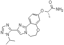structure of CAS# 1282514-88-8, (2S)-2-[[5,6-Dihydro-2-[1-(1-methylethyl)-1H-1,2,4-triazol-5-yl]imidazo[1,2-d][1,4]benzoxazepin-9-yl]oxy]propanamide