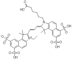 structure of CAS# 1284240-77-2, 2-[3-[3-(5-羧基戊基)-1,3-二氢-1,1-二甲基-6,8-二磺基-2H-苯并[e]吲哚-2-亚基]-1-丙烯-1-基]-3-乙基-1,1-二甲基-6,8-二磺基-1H-苯并[e]吲哚鎓内盐