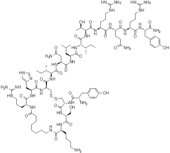 CAS # 128806-04-2, Porcine C2-neuropeptide Y, L-Tyrosyl-L-cysteinyl-L-seryl-L-lysyl-8-aminooctanoyl-L-arginyl-L-histidyl-D-cysteinyl-L-isoleucyl-L-asparaginyl-L-leucyl-L-isoleucyl-L-threonyl-L-arginyl-L-glutaminyl-L-arginyl-L-tyrosinamide cyclic (2→8)-disulfide
