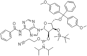 structure of CAS# 129451-75-8, N-Benzoyl-5'-O-[bis(4-methoxyphenyl)phenylmethyl]-3'-O-[(1,1-dimethylethyl)dimethylsilyl]adenosine 2'-[2-cyanoethyl N,N-bis(1-methylethyl)phosphoramidite]