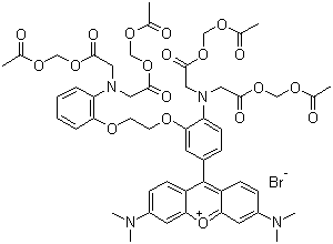 CAS # 129787-64-0, Rhod-2 AM, 9-[4-[Bis[2-[(acetyloxy)methoxy]-2-oxoethyl]amino]-3-[2-[2-[bis[2-[(acetyloxy)methoxy]-2-oxoethyl]amino]phenoxy]ethoxy]phenyl]-3,6-bis(dimethylamino)xanthylium bromide