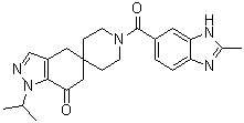 structure of CAS# 1301214-47-0, 1,4-Dihydro-1'-[(2-methyl-1H-benzimidazol-6-yl)carbonyl]-1-(1-methylethyl)spiro[5H-indazole-5,4'-piperidin]-7(6H)-one