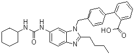 CAS # 133085-33-3, 4'-[[2-Butyl-6-[[(cyclohexylamino)carbonyl]amino]-1H-benzimidazol-1-yl]methyl][1,1'-biphenyl]-2-carboxylic acid, BIBS 39