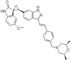 CAS # 1338806-73-7, (1R,2S)-2-[3-[(1E)-2-[4-[[(2R,6S)-2,6-Dimethyl-4-morpholinyl]methyl]phenyl]ethenyl]-1H-indazol-6-yl]-5'-methoxy-spiro[cyclopropane-1,3'-[3H]indol]-2'(1'H)-one
