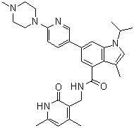 CAS # 1346572-63-1, N-[(4,6-Dimethyl-2-oxo-1,2-dihydro-3-pyridinyl)methyl]-3-methyl-1-(1-methylethyl)-6-[6-(4-methyl-1-piperazinyl)-3-pyridinyl]-1H-indole-4-carboxamide