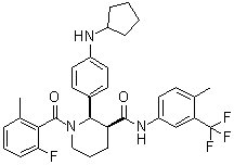 CAS # 1346623-17-3, Avacopan, (2R,3S)-2-[4-(cyclopentylamino)phenyl]-1-(2-fluoro-6-methylbenzoyl)-N-[4-methyl3-(trifluoromethyl)phenyl]piperidine-3-carboxamide, Avacopan, CCX 168