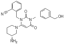 CAS # 1347001-80-2, 2-[[6-[(3R)-3-Aamino-1-piperidinyl]-3,4-dihydro-3-methyl-2,4-dioxo-1(2H)-pyrimidinyl]methyl]benzonitrile compd. with benzenemethanol (1:1)