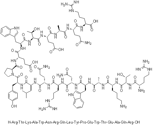 CAS # 1350963-10-8, L-Arginyl-L-threonyl-L-lysyl-L-alanyl-L-tryptophyl-L-asparaginyl-L-arginyl-L-glutaminyl-L-leucyl-L-tyrosyl-L-prolyl-L-alpha-glutamyl-L-tryptophyl-L-threonyl-L-alpha-glutamyl-L-alanyl-L-glutaminyl-L-arginine