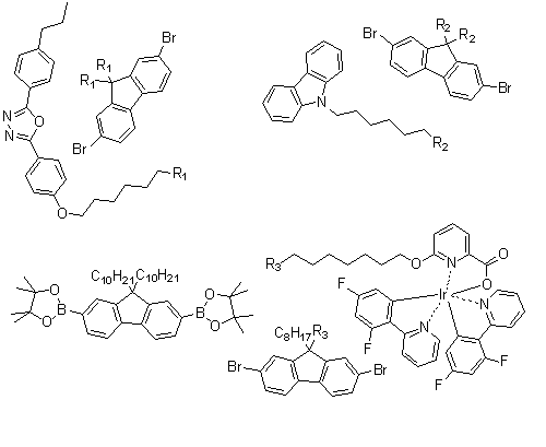CAS # 1352919-20-0, [6-[[6-(2,7-Dibromo-9-octyl-9H-fluoren-9-yl)hexyl]oxy]-2-pyridinecarboxylato]bis[3,5-difluoro-2-(2-pyridinyl)phenyl]-iridium polymer with 2,2'-[(2,7-dibromo-9H-fluoren-9-ylidene)bis(6,1-hexanediyloxy-4,1-phenylene)]bis[5-[4-(1,1-dimethylethyl)phenyl]-1,3,4-oxadiazole], 9,9'-[(2,7-dibromo-9H-fluoren-9-ylidene)di-6,1-hexanediyl]bis[9H-carbazole] and 2,2'-(9,9-didecyl-9H-fluorene-2,7-diyl)bis[4,4,5,5-tetramethyl-1,3,2-dioxaborolane]