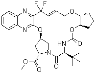 CAS # 1365970-47-3, (3aR,7S,10S,12R,24aR)-7-(1,1-Dimethylethyl)-20,20-difluoro-2,3,3a,5,6,7,8,11,12,20,23,24a-dodecahydro-5,8-dioxo-10H-9,12-methano-1H-cyclopenta[18,19][1,10,17,3,6]trioxadiazacyclononadecino[11,12-b]quinoxaline-10-carboxylic acid methyl ester