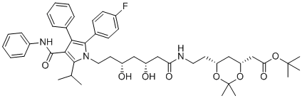 CAS # 1371615-55-2, Atorvastatin Impurity 73, tert-butyl 2-((4R,6R)-6-(2-((3R,5R)-7-(2-(4-fluorophenyl)-5-isopropyl-3-phenyl-4-(phenylcarbamoyl)-1H-pyrrol-1-yl)-3,5-dihydroxyheptanamido)ethyl)-2,2-dimethyl-1,3-dioxan-4-yl)acetate