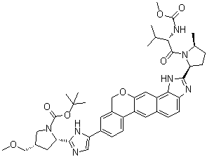 structure of CAS# 1378391-45-7, (2S,4S)-2-[5-[1,11-二氢-2-[(2S,5S)-1-[(2S)-2-[(甲氧羰基)氨基]-3-甲基-1-氧代丁基]-5-甲基-2-吡咯烷基][2]苯并吡喃并[4',3':6,7]萘并[1,2-d]咪唑-9-基]-1H-咪唑-2-基]-4-(甲氧基甲基)-1-吡咯烷羧酸叔丁酯