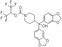 structure of CAS# 1380424-42-9, 4-[二(1,3-苯并二氧杂环戊烯-5-基)羟基甲基]-1-哌啶羧酸 2,2,2-三氟-1-(三氟甲基)乙基酯