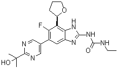 CAS # 1384984-18-2, N-Ethyl-N'-[6-fluoro-5-[2-(1-hydroxy-1-methylethyl)-5-pyrimidinyl]-7-[(2R)-tetrahydro-2-furanyl]-1H-benzimidazol-2-yl]urea