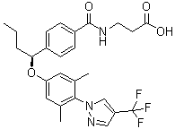 structure of CAS# 1393124-08-7, N-[4-[(1S)-1-[3,5-Dimethyl-4-[4-(trifluoromethyl)-1H-pyrazol-1-yl]phenoxy]butyl]benzoyl]-beta-alanine
