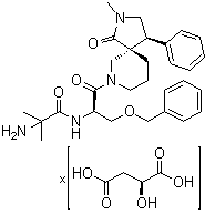 CAS # 1415235-63-0, (2S)-2-Hydroxybutanedioic acid compd. with 2-amino-2-methyl-N-[(1R)-2-[(4S,5R)-2-methyl-1-oxo-4-phenyl-2,7-diazaspiro[4.5]dec-7-yl]-2-oxo-1-[(phenylmethoxy)methyl]ethyl]propanamide (1:?)