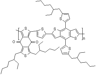 structure of CAS# 1415929-80-4, Poly[[4,8-bis[5-(2-ethylhexyl)-2-thienyl]benzo[1,2-b:4,5-b']dithiophene-2,6-diyl]-2,5-thiophenediyl[5,7-bis(2-ethylhexyl)-4,8-dioxo-4H,8H-benzo[1,2-c:4,5-c']dithiophene-1,3-diyl]]