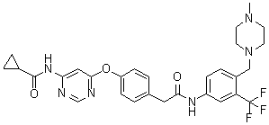 structure of CAS# 1421227-53-3, 4-[[6-[(环丙基羰基)氨基]-4-嘧啶基]氧基]-N-[4-[(4-甲基-1-哌嗪基)甲基]-3-(三氟甲基)苯基]苯乙酰胺