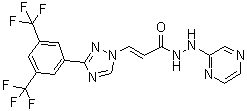 structure of CAS# 1421923-86-5, (2E)-3-[3-[3,5-Bis(trifluoromethyl)phenyl]-1H-1,2,4-triazol-1-yl]-2-propenoic acid 2-(2-pyrazinyl)hydrazide