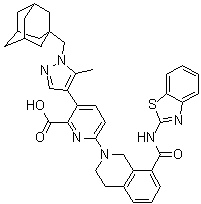 structure of CAS# 1430844-80-6, 6-[8-[(2-苯并噻唑基氨基)羰基]-3,4-二氢-2(1H)-异喹啉基]-3-[5-甲基-1-金刚烷-1-基甲基)-1H-吡唑-4-基]-2-吡啶羧酸