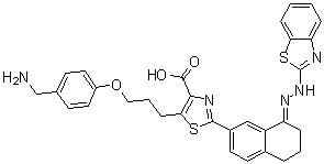 structure of CAS# 1431866-33-9, 5-[3-[4-(Aminomethyl)phenoxy]propyl]-2-[8-[2-(2-benzothiazolyl)hydrazinylidene]-5,6,7,8-tetrahydro-2-naphthalenyl]-4-thiazolecarboxylic acid