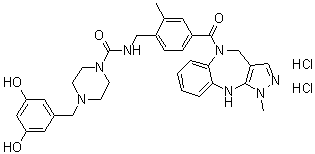structure of CAS# 1432043-31-6, N-[[4-[(4,10-Dihydro-1-methylpyrazolo[3,4-b][1,5]benzodiazepin-5(1H)-yl)carbonyl]-2-methylphenyl]methyl]-4-[(3,5-dihydroxyphenyl)methyl]-1-piperazinecarboxamide hydrochloride (1:2)