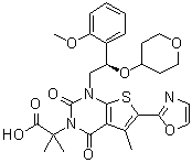 structure of CAS# 1434635-54-7, 1,4-Dihydro-1-[(2R)-2-(2-methoxyphenyl)-2-[(tetrahydro-2H-pyran-4-yl)oxy]ethyl]-alpha,alpha,5-trimethyl-6-(2-oxazolyl)-2,4-dioxothieno[2,3-d]pyrimidine-3(2H)-acetic acid