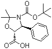 CAS # 143527-70-2, (4S,5R)-3-(tert-Butoxycarbonyl)-2,2-dimethyl-4-phenyloxazolidine-5-carboxylic acid, (4S-trans)-2,2-Dimethyl-4-phenyl-3,5-oxazolidinedicarboxylic acid 3-(1,1-dimethylethyl) ester, (4S,5R)-5-Carboxy-2,2-dimethyl-4-phenyl-3-(tert-butoxycarbonyl)oxazolidine, (4S,5R)-N-(tert-Butoxycarbonyl)-2,2-dimethyl-4-phenyl-5-oxazolidinecarboxylic acid