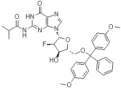 structure of CAS# 144089-96-3, 5'-O-[双(4-甲氧基苯基)苯基甲基]-2'-脱氧-2'-氟-N-(2-甲基-1-氧代丙基)鸟苷