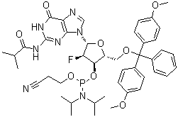 structure of CAS# 144089-97-4, 5'-O-[二(4-甲氧基苯基)苯基甲基]-2'-脱氧-2'-氟-N-(2-甲基-1-氧代丙基)鸟苷 3'-[2-氰基乙基 N,N-二异丙基氨基亚磷酸酯]