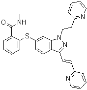 CAS # 1443118-72-6, N-Methyl-2-[[3-[(1E)-2-(2-pyridinyl)ethenyl]-1-[2-(2-pyridinyl)ethyl]-1H-indazol-6-yl]thio]benzamide