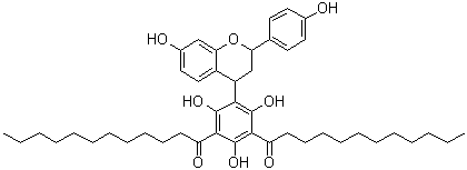 structure of CAS# 144337-18-8, 1,1'-[5-[3,4-二氢-7-羟基-2-(4-羟基苯基)-2H-1-苯并吡喃-4-基]-2,4,6-三羟基-1,3-亚苯基]双[1-十二烷酮]