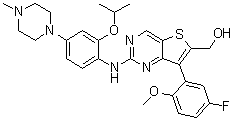 CAS # 1462949-64-9, 7-(5-Fluoro-2-methoxyphenyl)-2-[[2-(1-methylethoxy)-4-(4-methyl-1-piperazinyl)phenyl]amino]thieno[3,2-d]pyrimidine-6-methanol