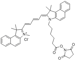 structure of CAS# 1469277-96-0, (2,5-二氧代吡咯烷-1-基)6-[(2Z)-1,1-二甲基-2-[(2E,4E)-5-(1,1,3-三甲基苯并[e]吲哚-3-鎓-2-基)五-2,4-二烯亚基]苯并[e]吲哚-3-基]己酸氯化物