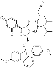 structure of CAS# 146954-75-8, 5'-O-(4,4-Dimethoxytrityl)-2'-deoxy-2'-fluorouridine-3'-(2-cyanoethyl-N,N-diisopropyl)phosphoramidite